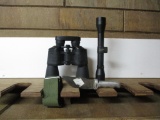4x32 Ruger scope, 20x50 Super Vision binoculars, Knife & ammo belt