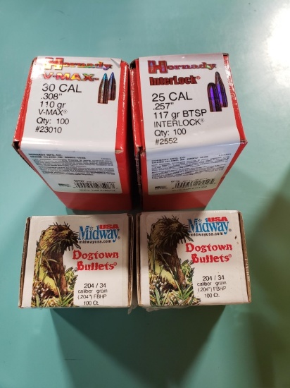 1 bx Hornady Interlock 25 cal (.257) 117 gr BTSP 100 ct, 1 bx Hornady VMAX 30 cal (.308) 110 gr 100