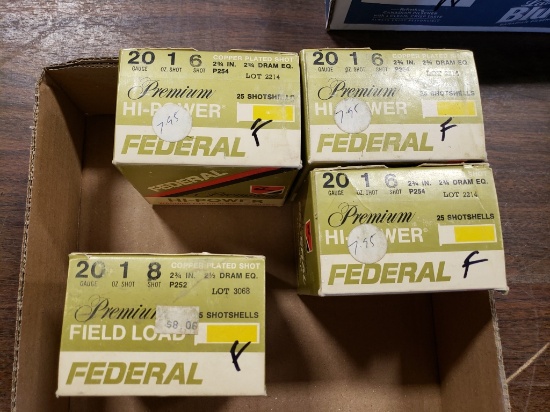 3 bx 6 shot/ 1 bx 8 shot  Federal 20 ga 2-3/4" Premium Hi-Power copper plated shot shells
