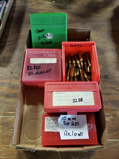 Assorted reloads 1/2 box 9 mm, 7 mm, 10 mm, 22 Hornet, 243