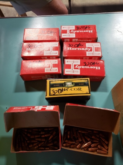 6 full/2 part bx. Hornady 30 cal (.308) 165 gr Spire point bullets, 1 bx Speer HOT-COR 30 cal (.308)