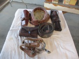 Mirror, belt, leather pouch, 2 holsters, spurs