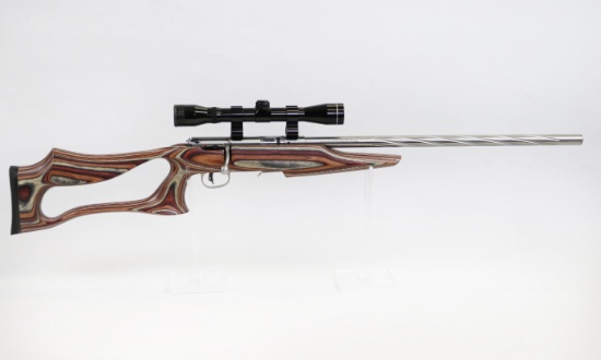Savage-NRA mod 93R17 17HMR cal B/A rifle Spiral fluted stainless barrel, Olympic multi-colored stock