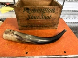 Animal horn elk call in vintage Remington wood box