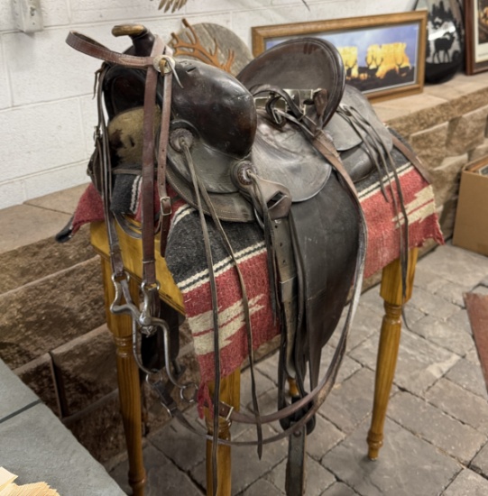 SADDLE WITH STAND, STIRRUPS, REINS, MISC. LEATHER - PICK UP ONLY