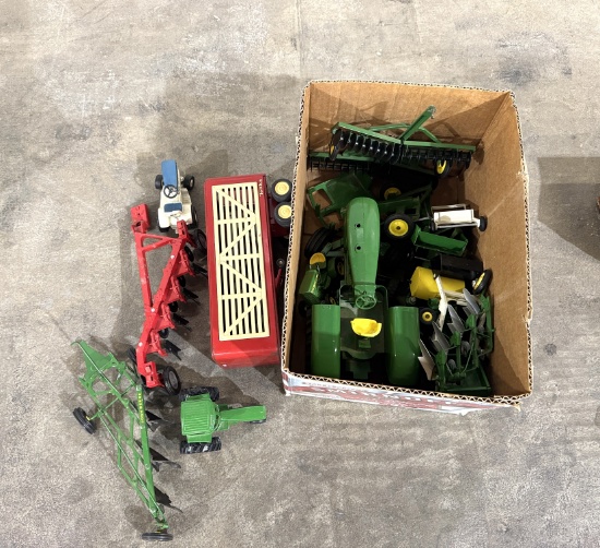 BOX OF USED ERTL & TONKA TRACTORS W/ ATTACHMENTS