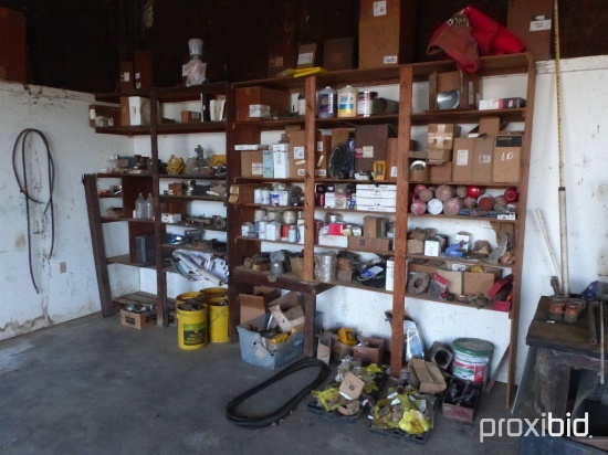 SHELF FULL OF CAT PARTS & JOHN DEERE BEARINGS,