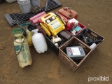 3 FUEL CANS, BATTERY JUMPER, & FENCE CHARGER, MISC