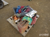 PALLET W/ TRUCK HOSES, FENCE CHARGER, MISC