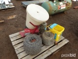 PALLET W/BARB WIRE & FERTILIZER, ETC