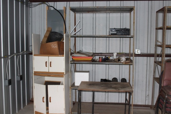 TABLES, WOOD, CHAIRS, METAL SHELVING, ETC