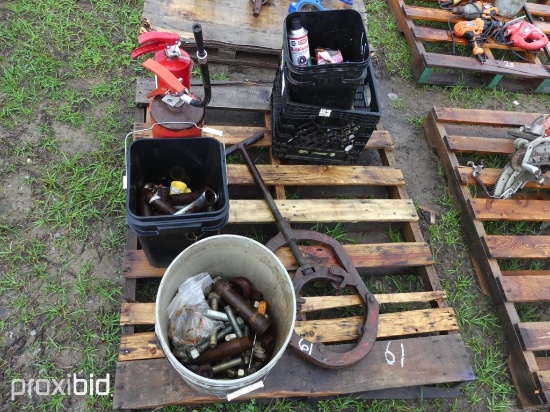 PALLET OF BOLTS, TOOLS, & MISC