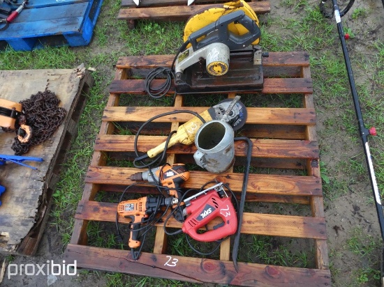 PALLET OF DEWALT HAND TOOLS, CHOP SAW, ETC