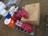 PALLET WITH GAS CANS AND WATER JUGS