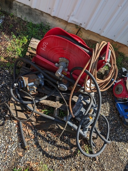 PALLET W/BIG HOSE REEL & PUMPS