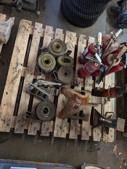 PALLET W/FIRE EXTINGUISHERS, STRAPS, JACK, ETC