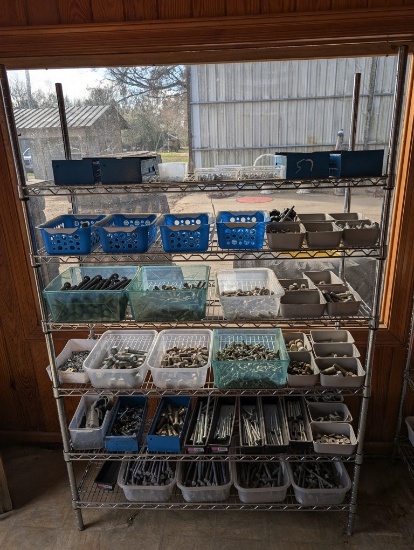 METAL 6 TIER RACK W/TRAYS OF BOLTS & MORE