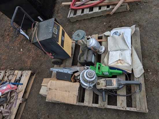 PALLET W/CAT BATTERY CHARGER, GRINDER, & MISC
