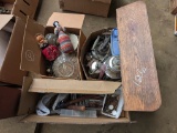 BOXES W/ANTIQUES, DOLLS, & MEDICINE CABINET