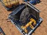 PALLET W/DEER STAND, FAN, METAL ROLLER, ETC