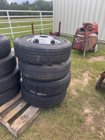 4 NEW ST235/80R16 TIRES ON DUAL RIMS, 14PLY