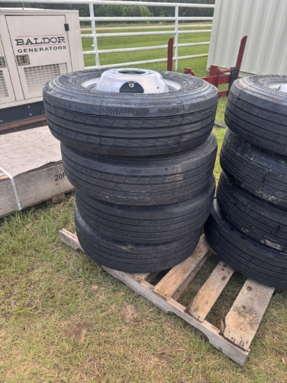 4 NEW ST235/80R16 TIRES ON DUAL RIMS, 14PLY