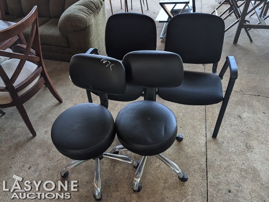 2 BLACK ROLLNG CHAIRS & 2 BLACK CHAIRS
