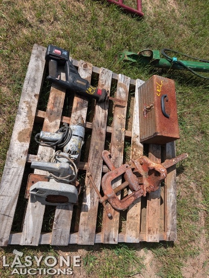 Pallet W/Pipe Vice, Drills, Saws, Tool Box, Etc