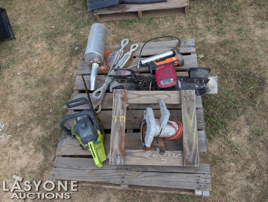 Pallet W/Chainsaws, Trailer Lights, Grease Guns