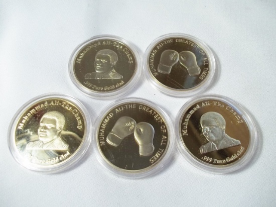 5 Muhammad Ali The Champ The Greatest of All Time .999 Pure Gold Clad Coins In Hard Protective Cases