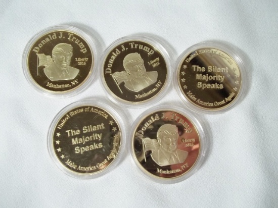 5 Donald J Trump Gold Plated 2016 Liberty The Silent Majority Speaks Coins USA