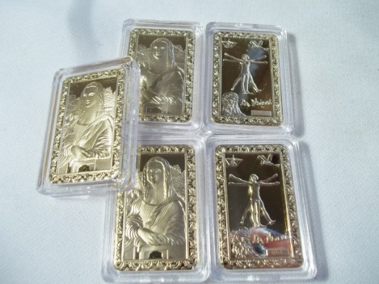 5 Gold Clad Plated Art Bars Mona Lisa Da Vinci .999 Fine Gold 1 Ounce Bars Numbered