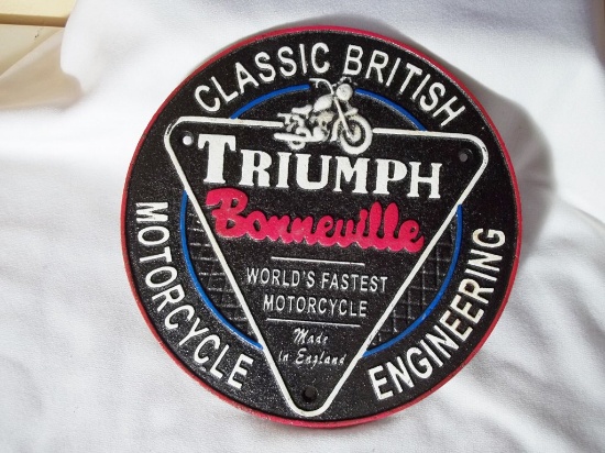 Heavy Cast Iron Triumph Classic British Motorcycle Sign Plaque Bonneville Salt Flats