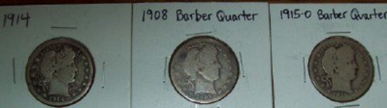 Lot of 3 Barber Quarters 1908, 1914, 1915-O Silver Coins