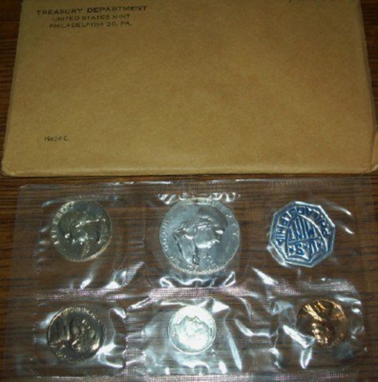 1962 U.S. Mint Silver Proof Set with Envelope Franklin Half  5 coin set
