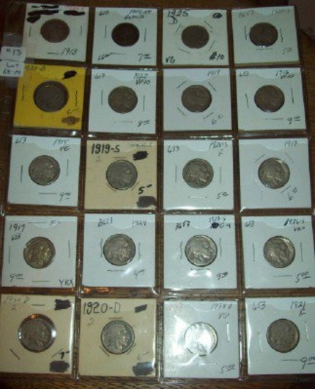 Lot of 20 Buffalo Nickels 1917, 1913 Type 1, 1916, 1915, 1919-S, 1920-D, 1923-S, 1921, 1927 VF
