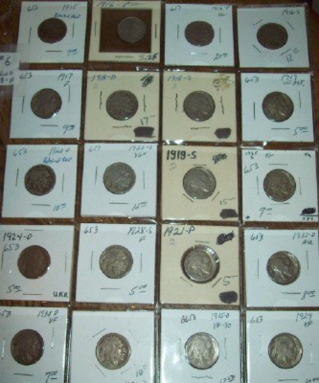 Lot of 20 Buffalo Nickels 1915, 916, 1916-D, 1916-S, 1918-D, 1919-S, 1929 XF, 1937-D AU, 1921,