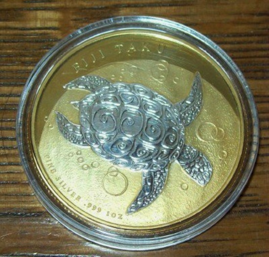 2012 Fiji Taku Turtle 1 Troy Oz. .999 Fine Silver $2 Coin Gold Gilded
