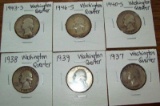 Lot of 6 Silver Washington Quarters 1937, 1938, 1939, 1940-S, 1943-S, 1946-S