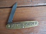 Brass KKK Ku Klux Klan Folding Pocket Knife Man In Hood On Handle