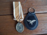 World War II German West Wall Nazi Eagle Brass Medal & German Cloth Key Fob Chain