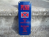 Porcelain Rebel Oil Door Push Plate Whistler Alabama We Serve The South 1951 Sign Confederate Flag