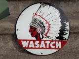 Porcelain Wasatch Gasoline Oil Station Pump Plate Sign Indian Chief Sign