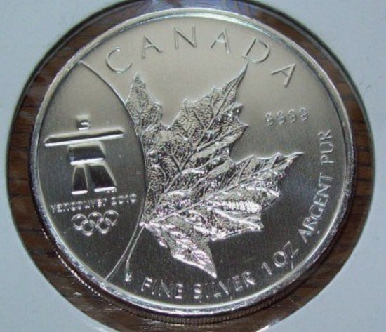 2008 Canada Vancouver Olympic $5 Maple Leaf 1 troy Oz. .999 Fine Silver Coin