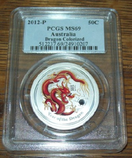 2012-P Australia Red Dragon PCGS MS69 1/2 Oz. Silver Fifty Cent Coin Lunar Series Coin