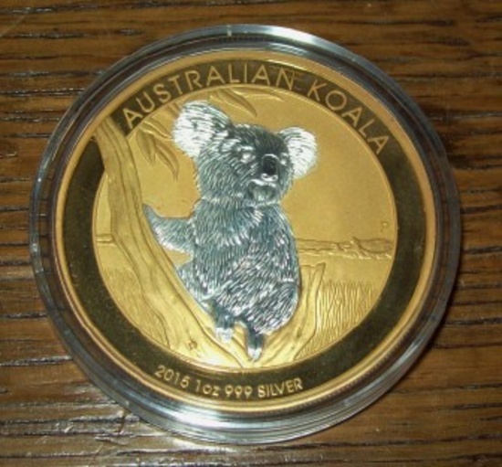 2015 Australia Koala 1 Oz. .999 Fine Silver Dollar 24K Gold Gilded Coin