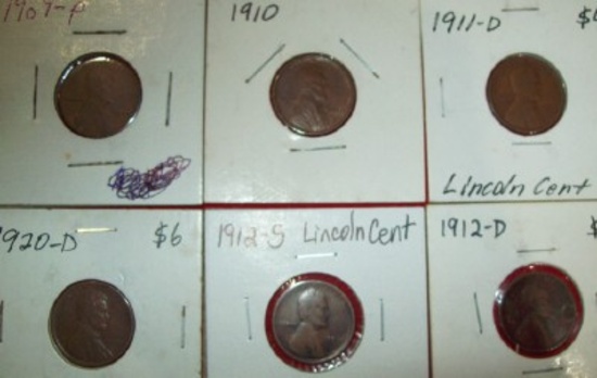 6 Lincoln Cents 1909, 1910, 1911-D, 1912-D, 1912-S, 1920-D