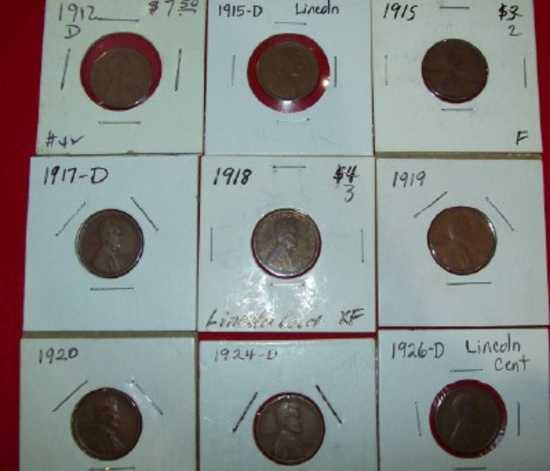 9 Early Lincoln Cents 1912-D, 1915-D, 1915, 1917-D, 1918, 1919, 1920, 1924-D, 1926-D