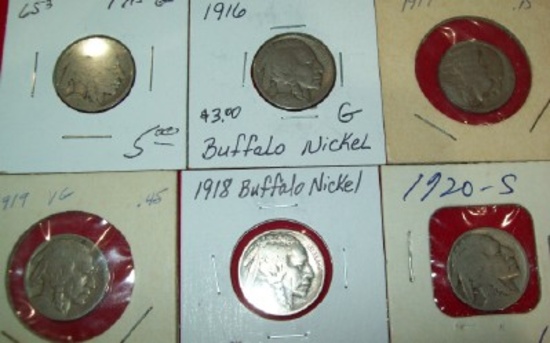 6 Buffalo Nickels 1915, 1916, 1917, 1919, 1918 1920-S