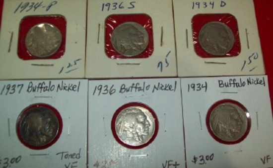 5 Buffalo Nickels 1934, 1934-D, 1936-S, 1937, 1936